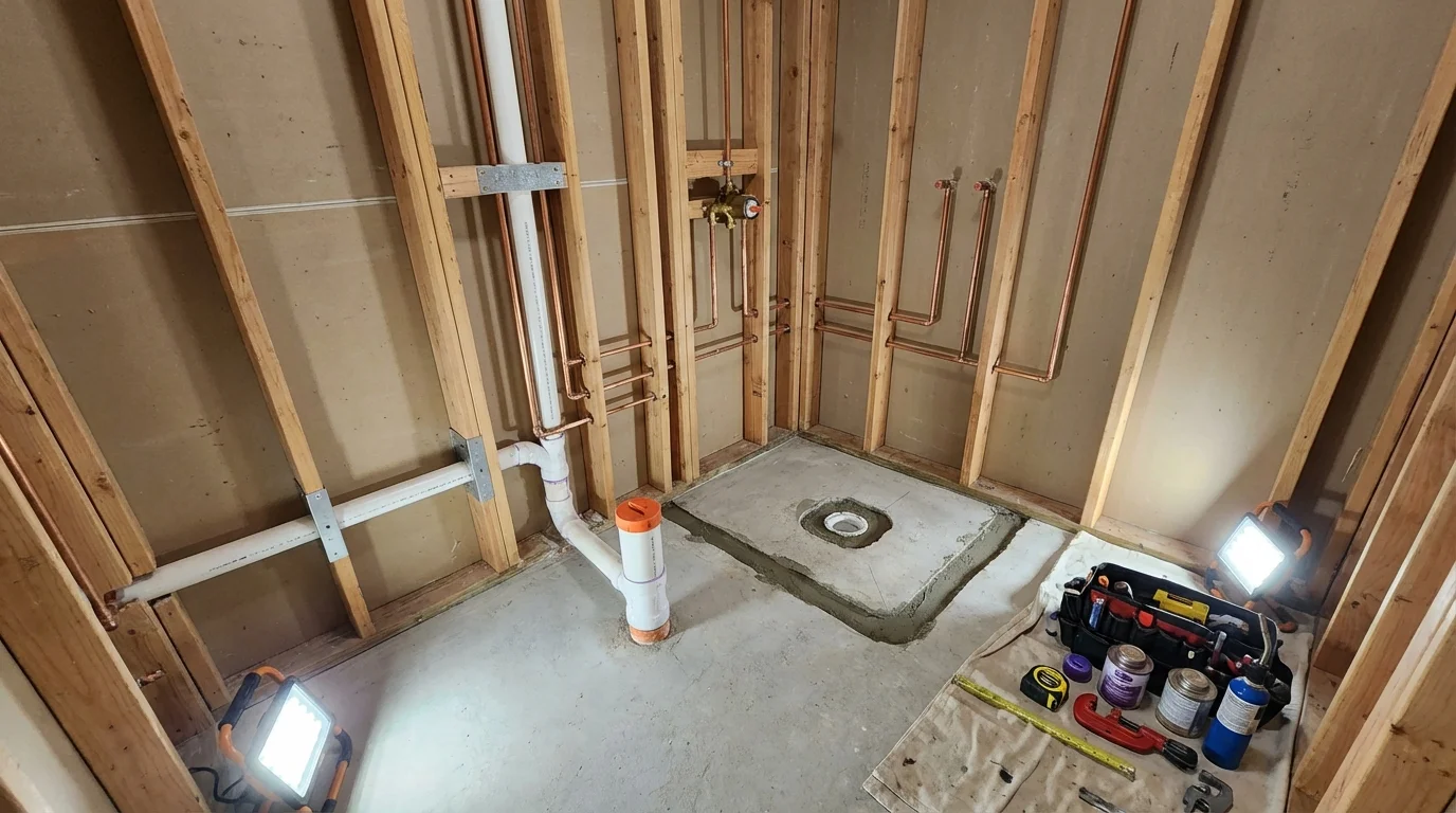 Bathroom rough-in plumbing during remodel by Johns Plumbing LLC in Cohoes