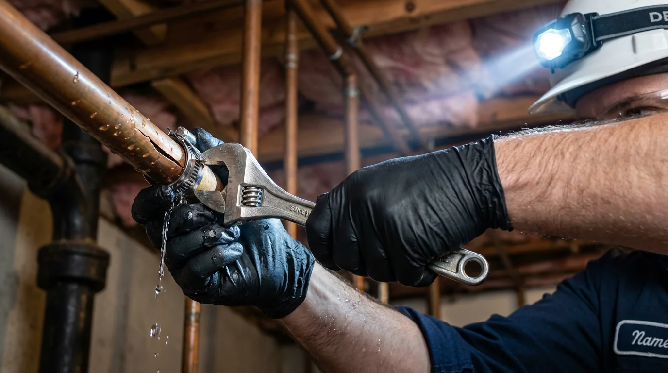 Emergency pipe clamp repair being performed by a Johns Plumbing LLC plumber in Cohoes