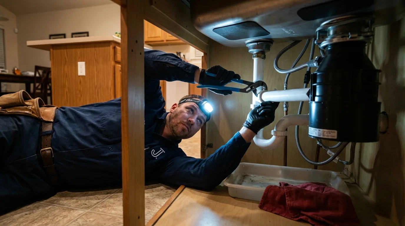 P-trap and supply line connections under a kitchen sink showing a common leak point in Cohoes, NY